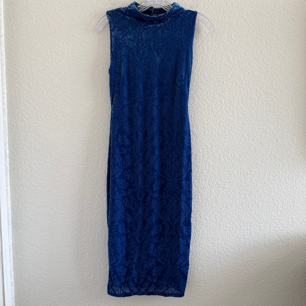 Royal Blue Burnout Velvet Damask Mock Neck Midi Sheath Dress by Beige by ECI